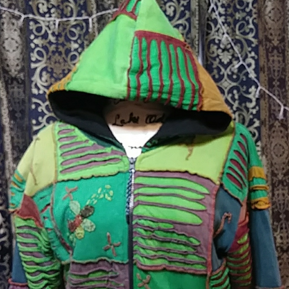 VINTAGE Boho Cutout Hooded Soft Lined Jacket Coat Women's Large Hippie G… - Picture 2 of 8